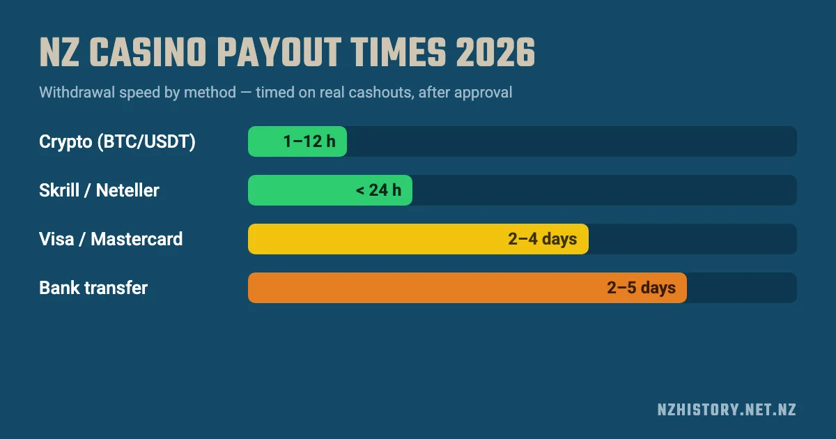 NZ casino payout times 2026 by withdrawal method: crypto 1-12 hours, e-wallets under 24 hours, cards 2-4 days, bank transfer 2-5 days
