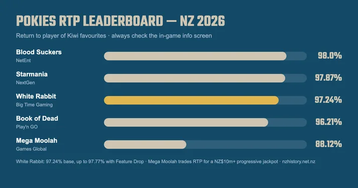 Pokies RTP leaderboard for NZ players: Blood Suckers 98%, Starmania 97.87%, White Rabbit 97.24%, Book of Dead 96.21%, Mega Moolah 88.12%